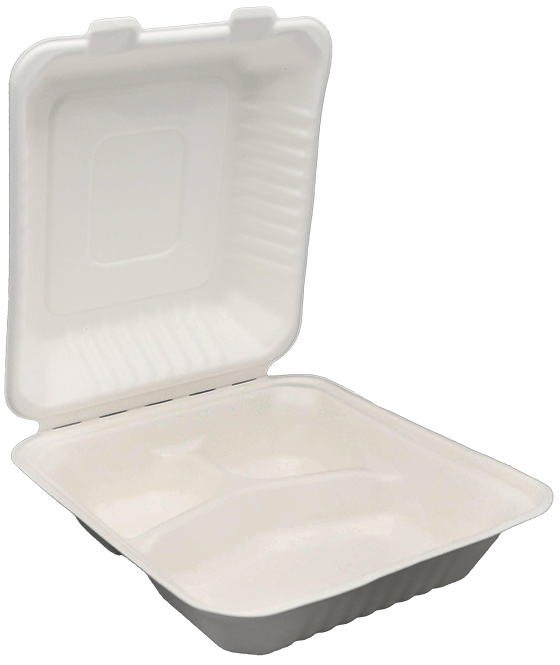 Green Housekeeper White Bagasse 8" Hinged Food Box 3 Compartment